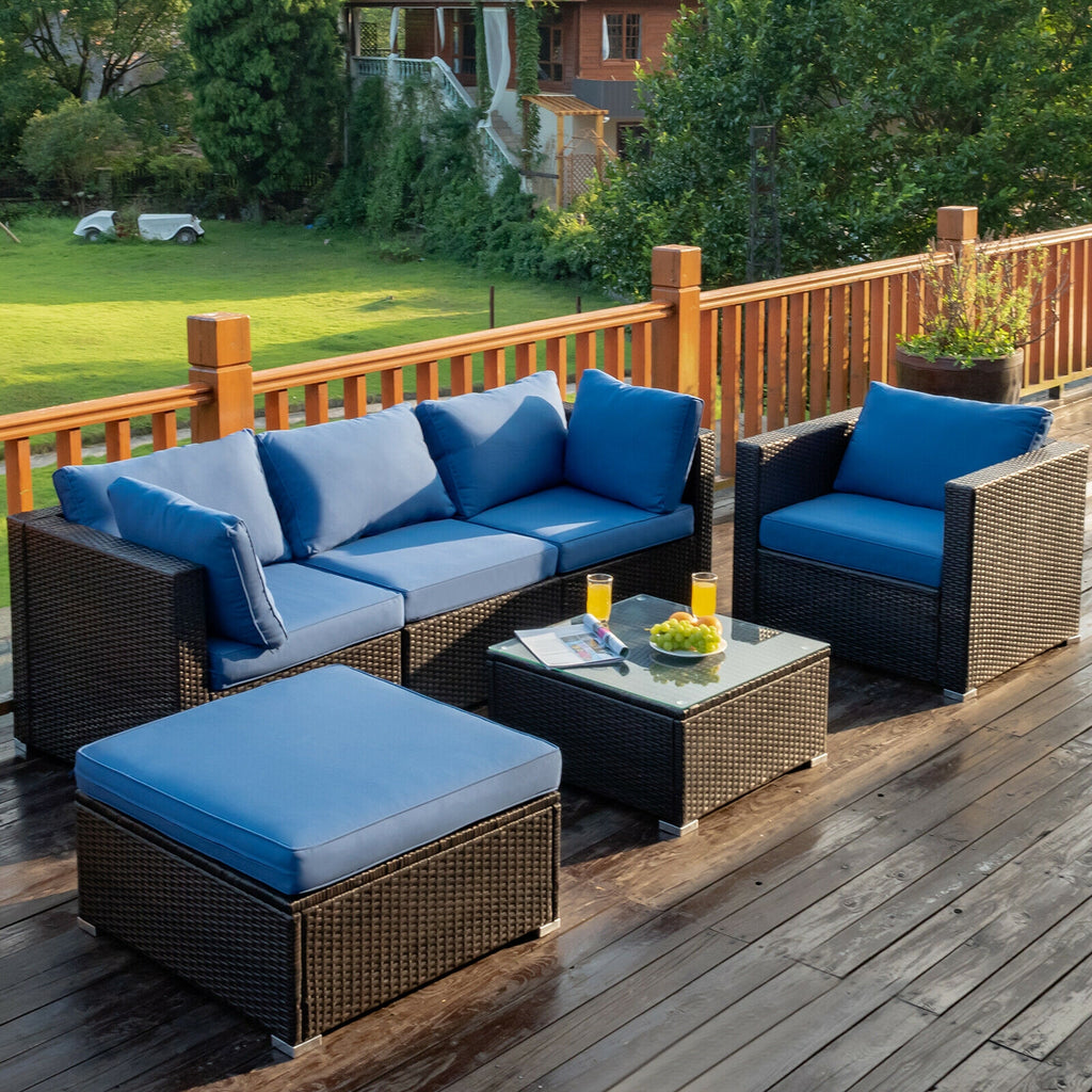 6-Piece Patio Rattan Sectional Set with Cushions - Blue