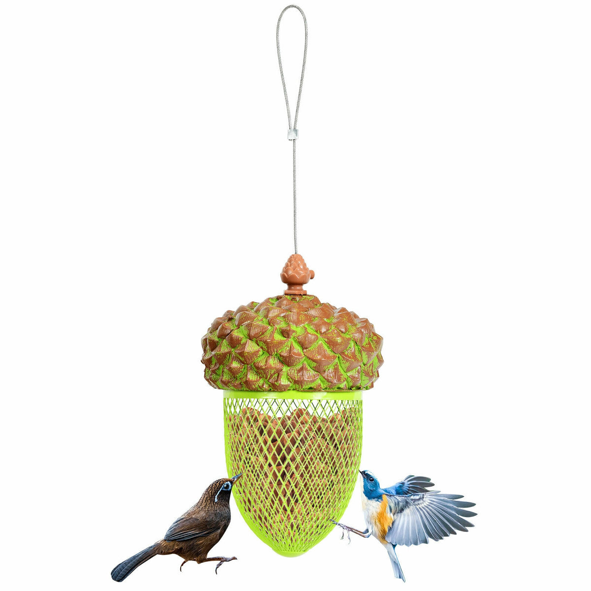 Metal Acorn Bird Feeder with Iron Mesh & Top Lid - Outdoor Hanging Food Dispenser, Brown