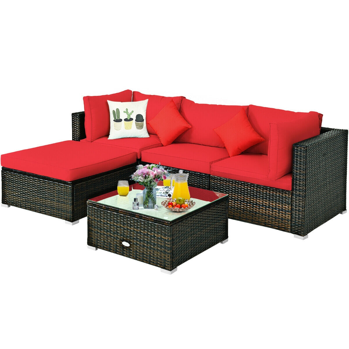 5 Pieces Outdoor Patio Rattan Furniture Set Sectional Conversation