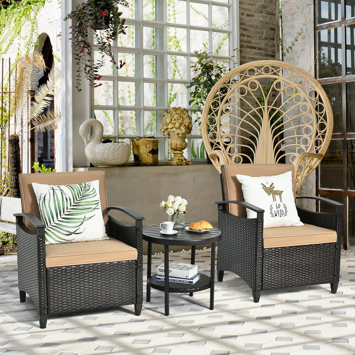 3-Piece Patio Rattan Sofa Set with Storage Table