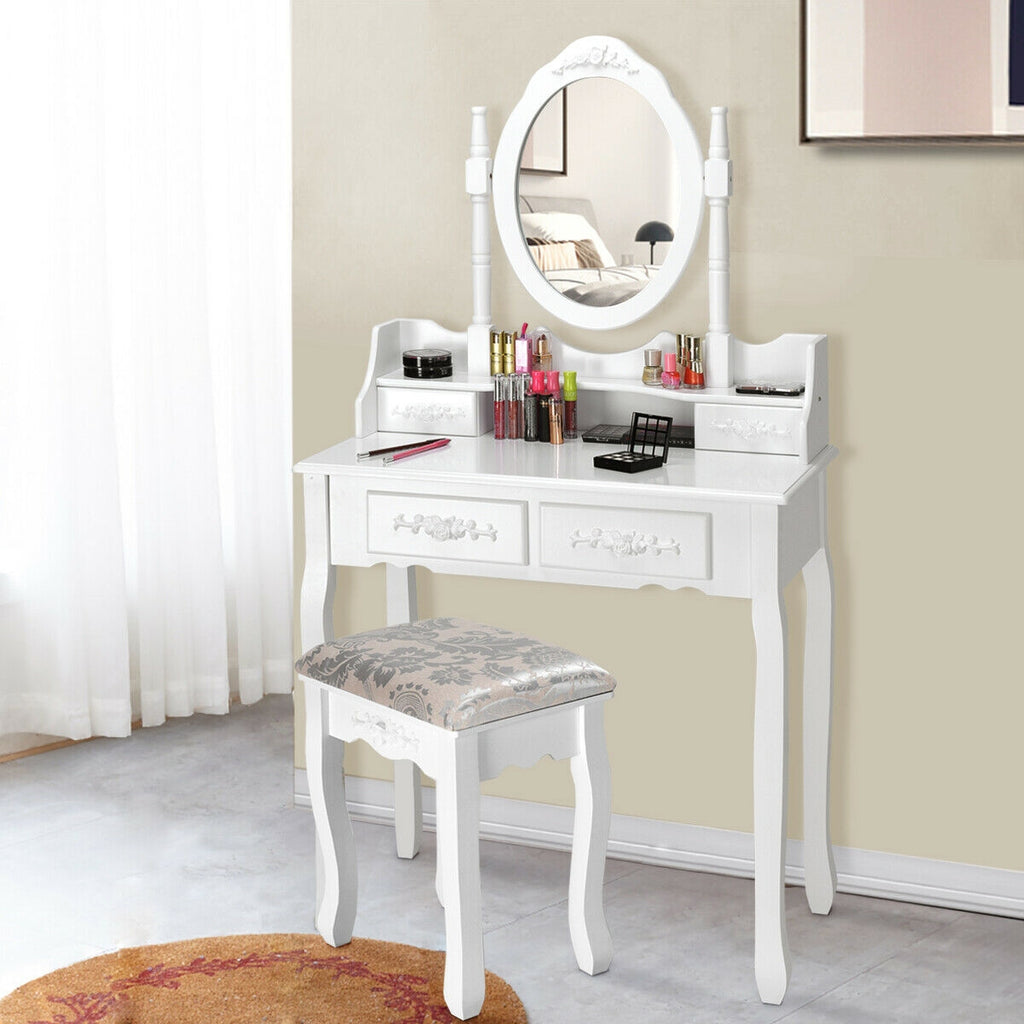 Vanity Table Set with Oval Mirror and 4 Drawers, White
