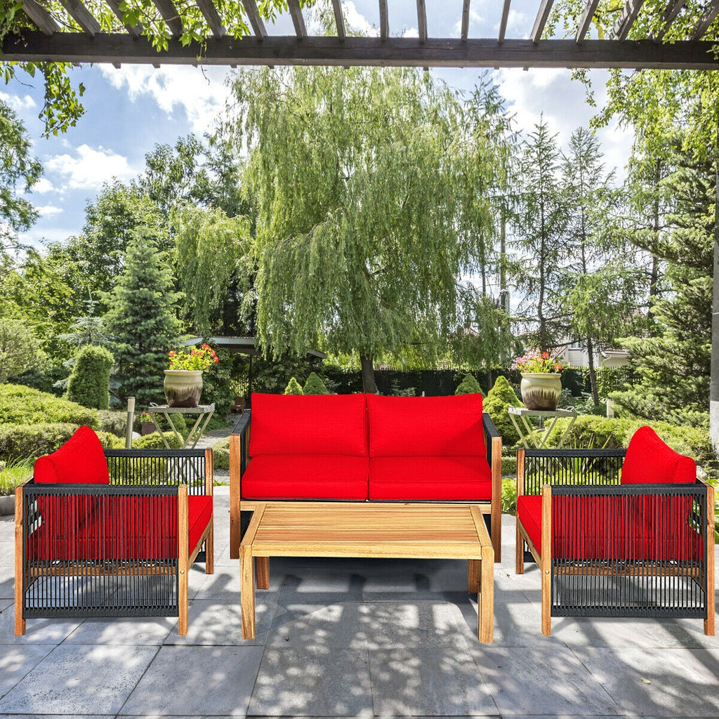 Acacia Wood Outdoor Sofa Set with Cushions - Red