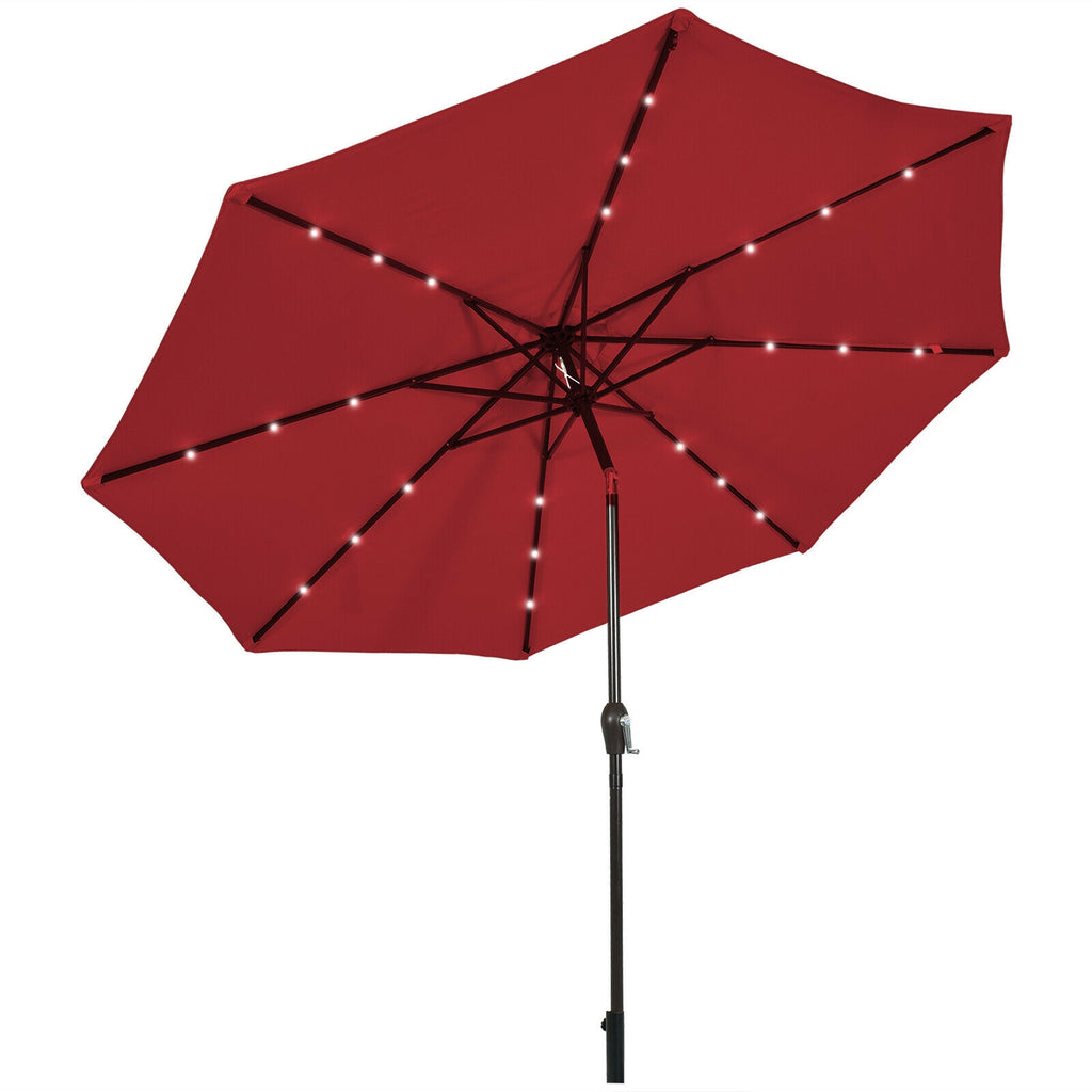 10 FT Patio Umbrella with Solar LED Lights - Dark Red