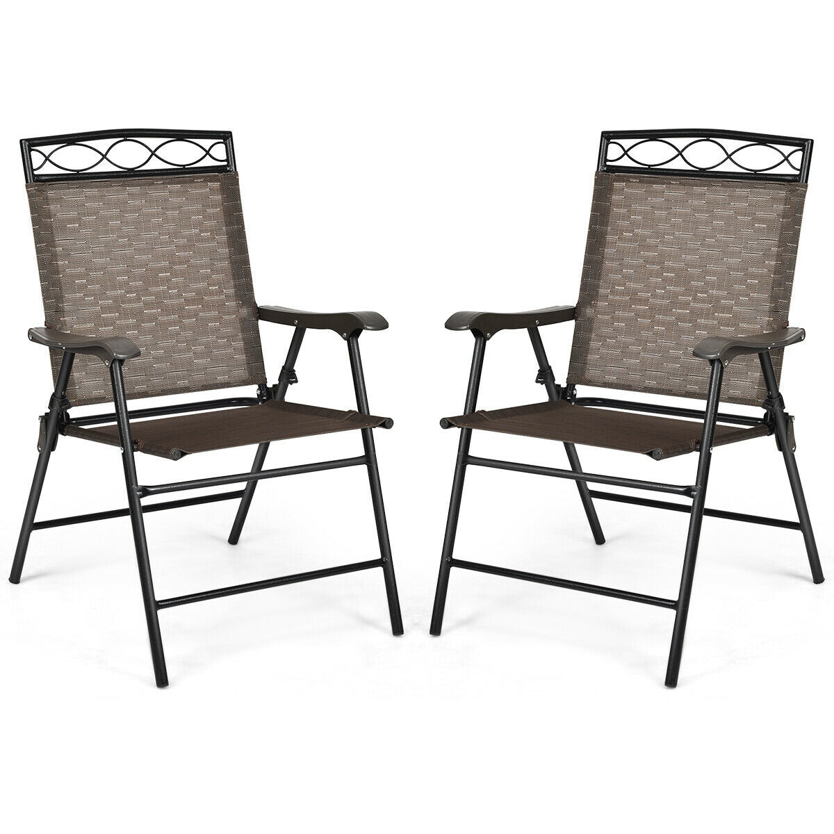 Set of 2 Patio Folding Chairs Sling Portable Dining Chair with Armrest