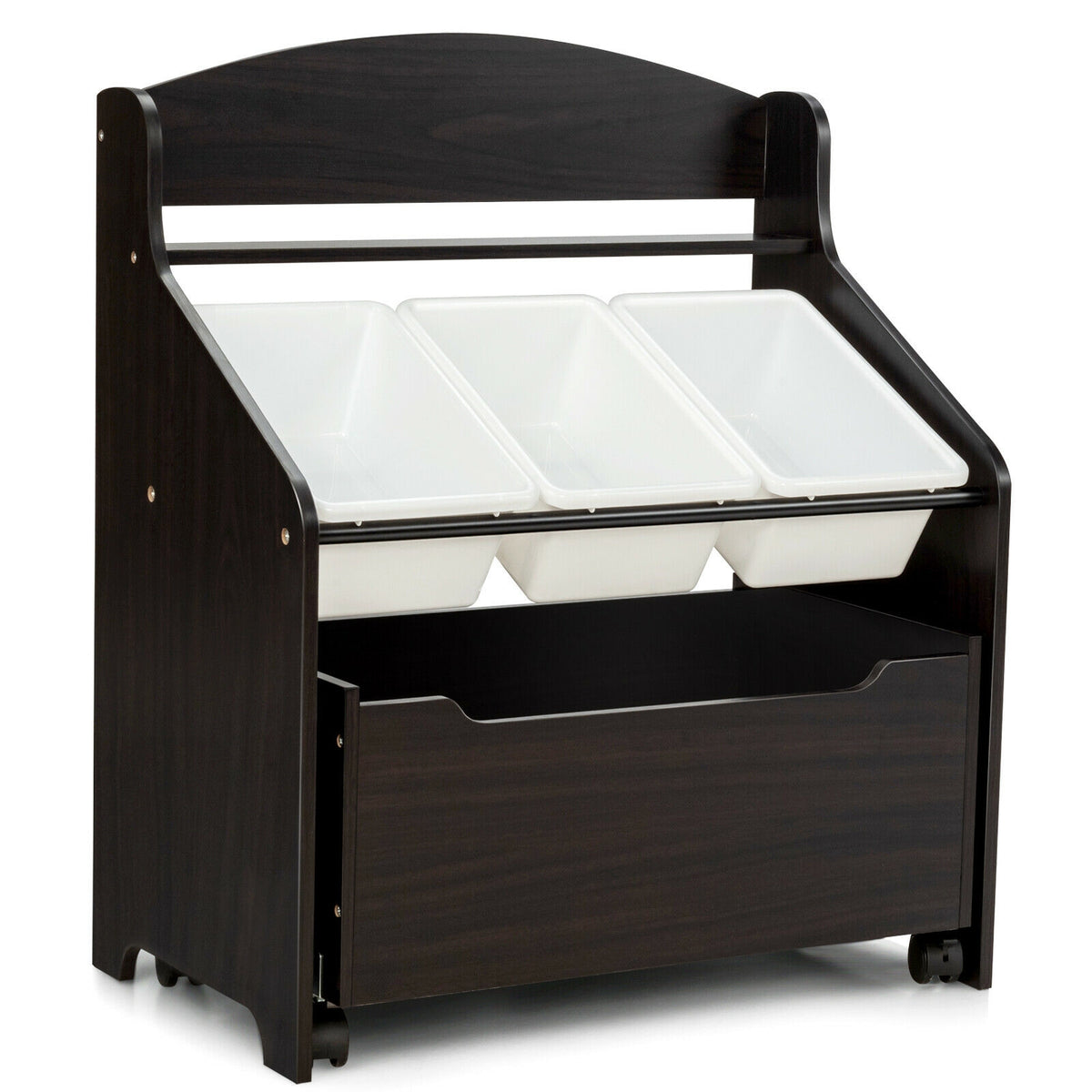 Kids Toy Storage Organizer with Rolling Toy Box and Plastic Bins - Dark Brown