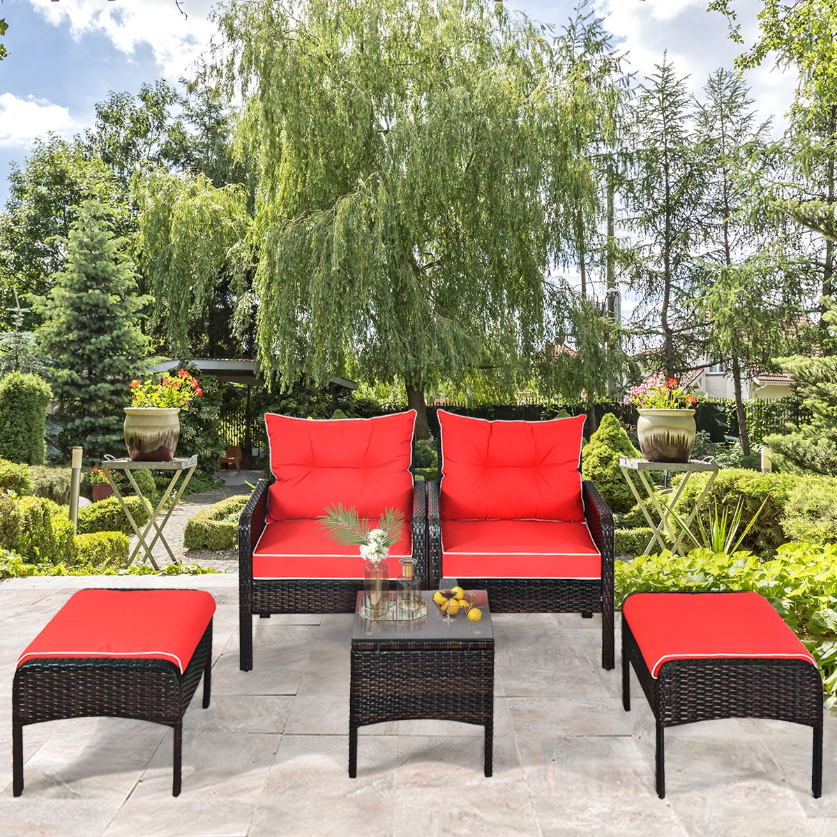 5-Piece Patio Rattan Sofa Set with Cushions - Red