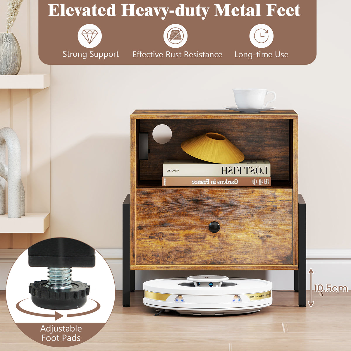 Nightstand with Charging Station and Drawer, Rustic Brown