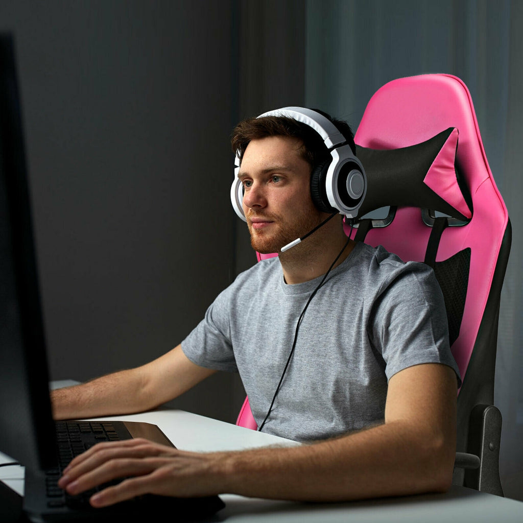 PU Leather Gaming Chair with USB Massage Lumbar Pillow, Footrest – Type-C, Pink