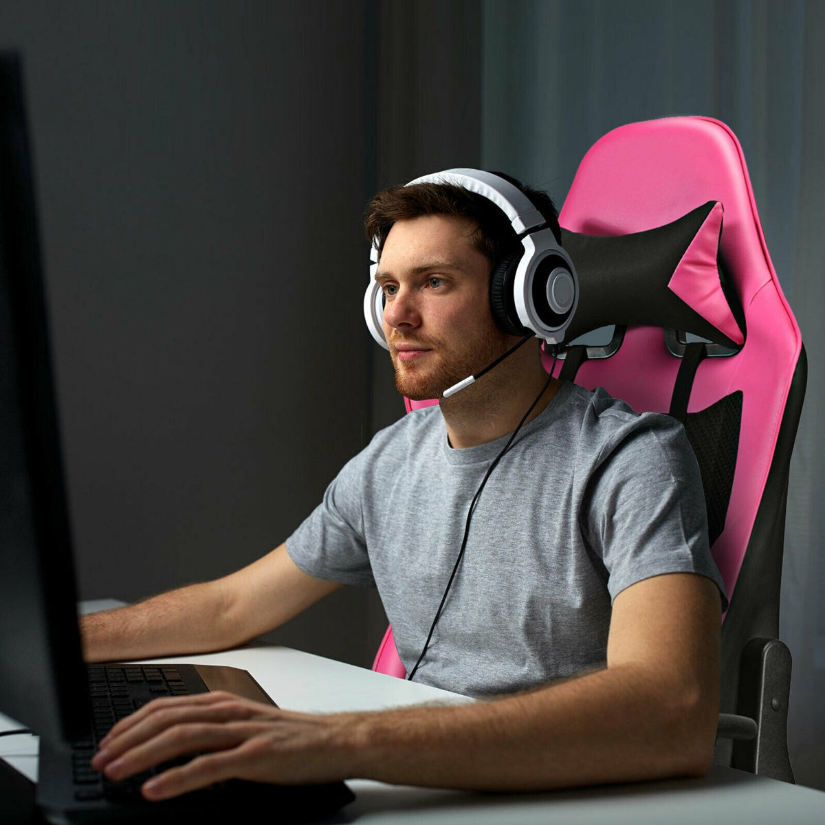 PU Leather Gaming Chair with USB Massage Lumbar Pillow, Footrest – Type-C, Pink