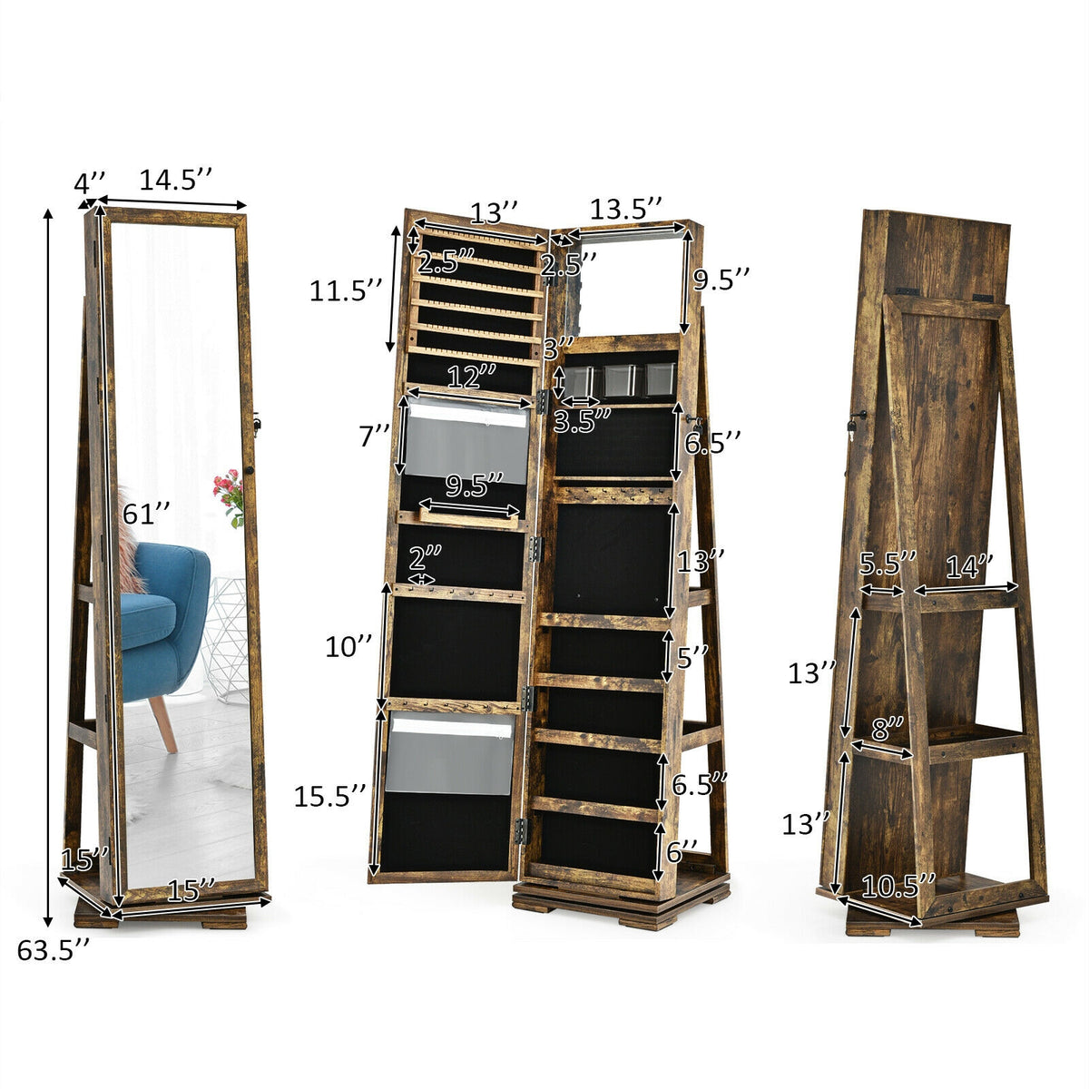 360° Rotating Jewelry Cabinet with Mirror, Rustic Brown - 3 Shelves