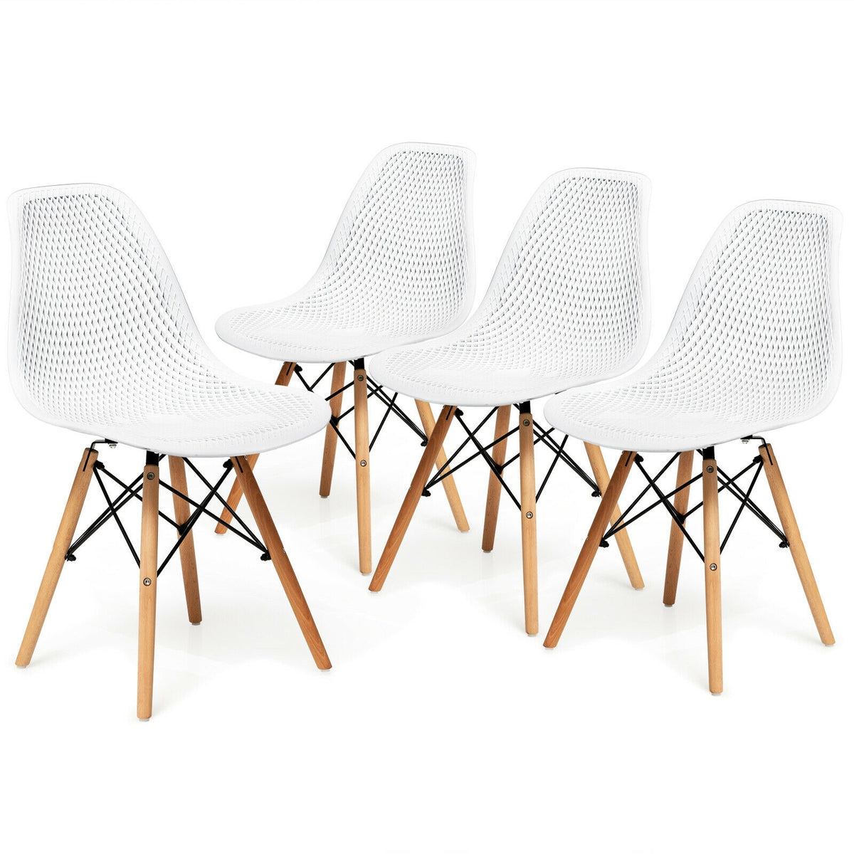 Modern Plastic Hollow Chair Set 4-Pack with Wood Legs - White