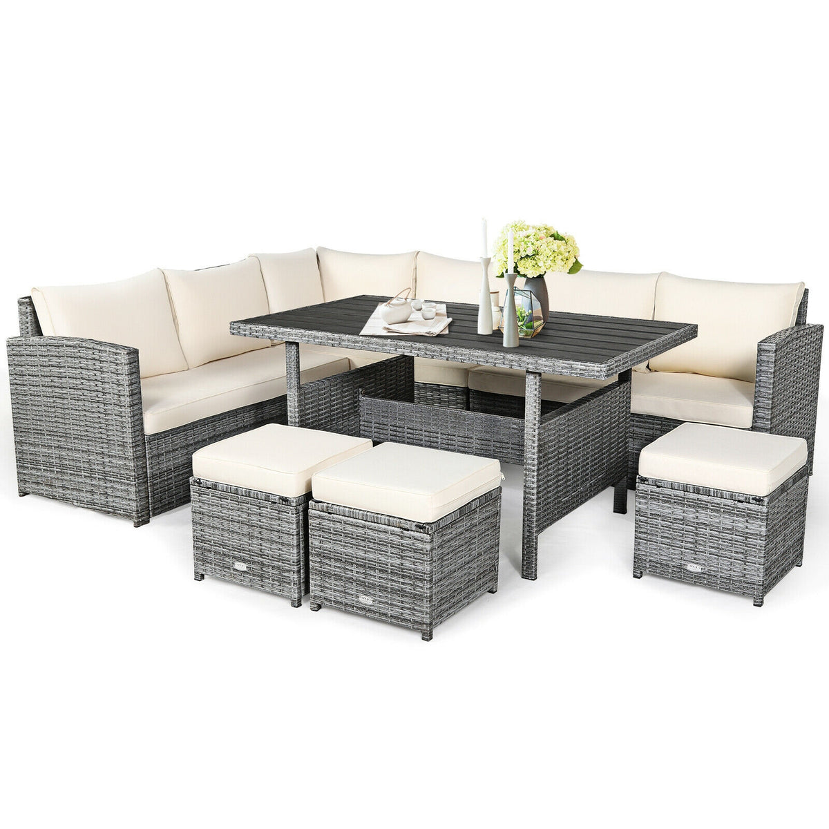 7-Piece Outdoor Wicker Sectional Sofa Set with Dining Table - Beige