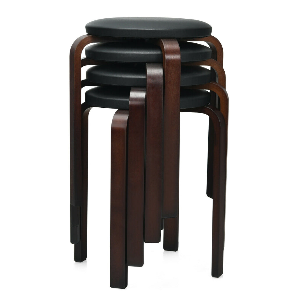 Bentwood Stack Stools with PU Leather Seat, Black – 4-Pack