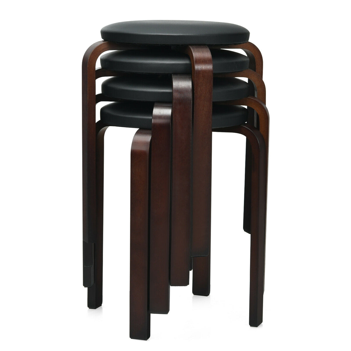 Bentwood Stack Stools with PU Leather Round Top, Black