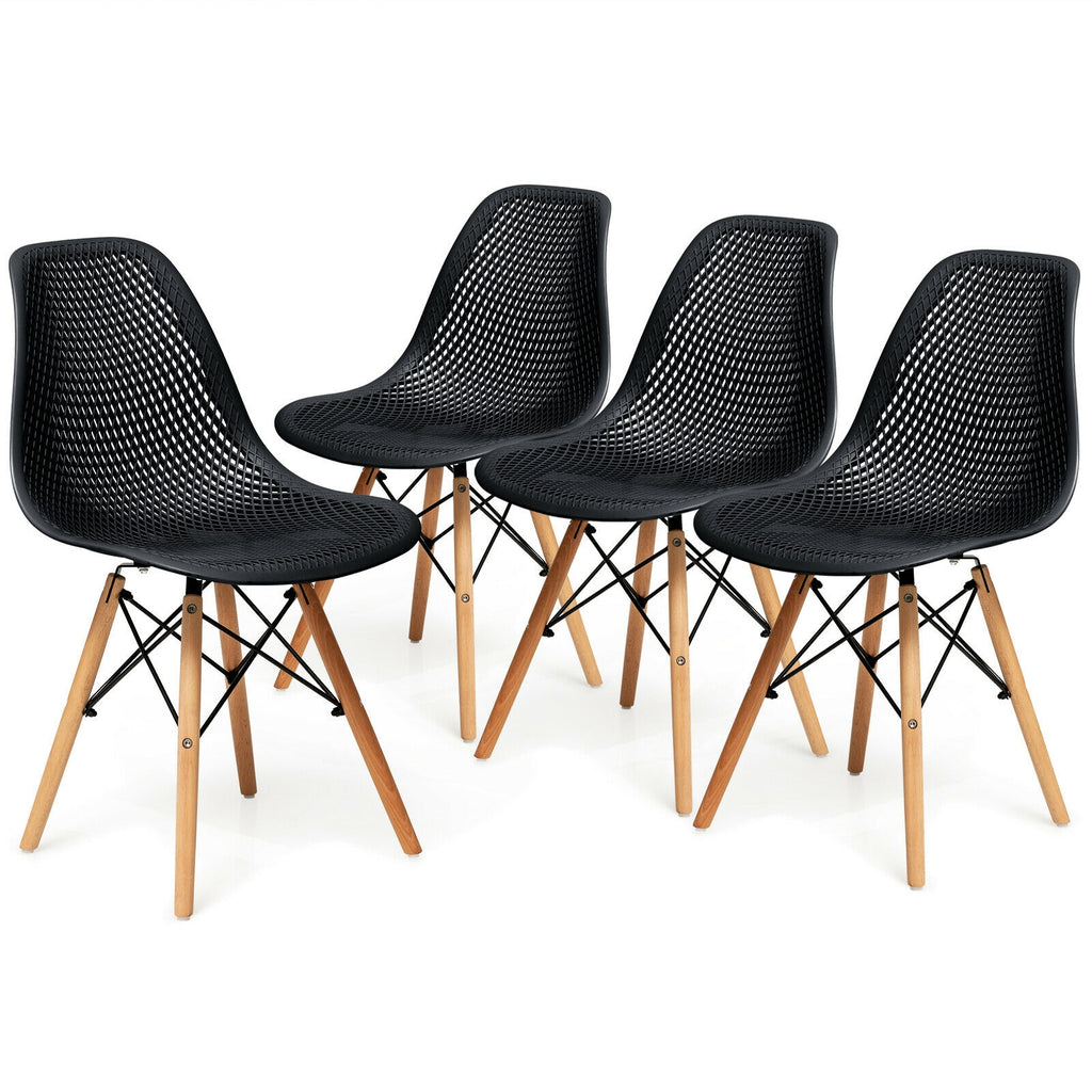 Modern Plastic Hollow Chair Set with Wood Legs - Black (4 Pack)