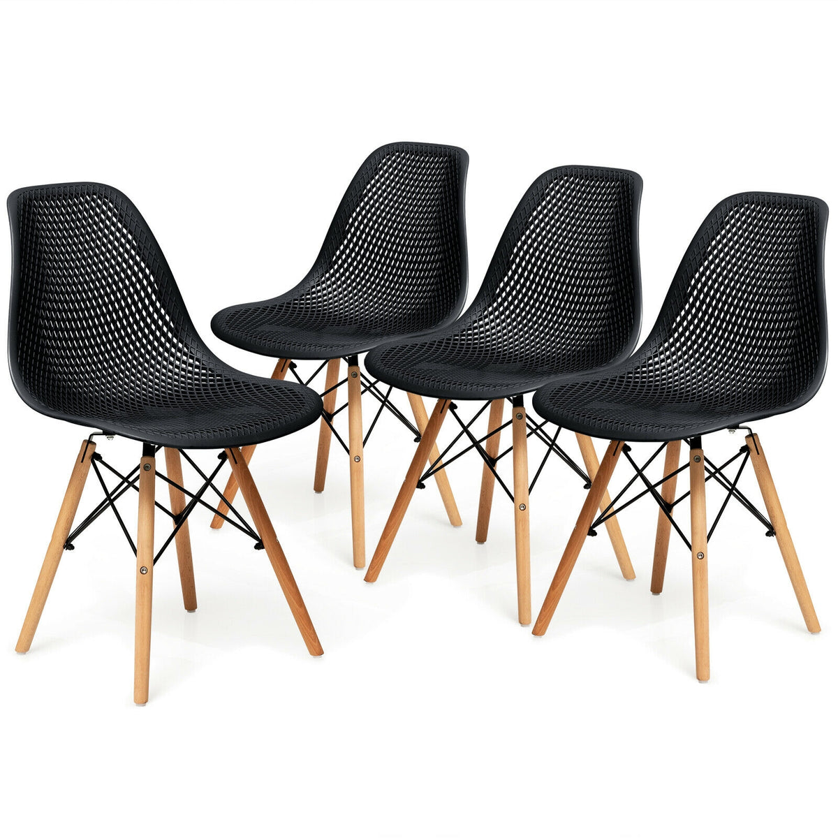 Modern Plastic Hollow Chair Set with Wood Legs - Black (4 Pack)