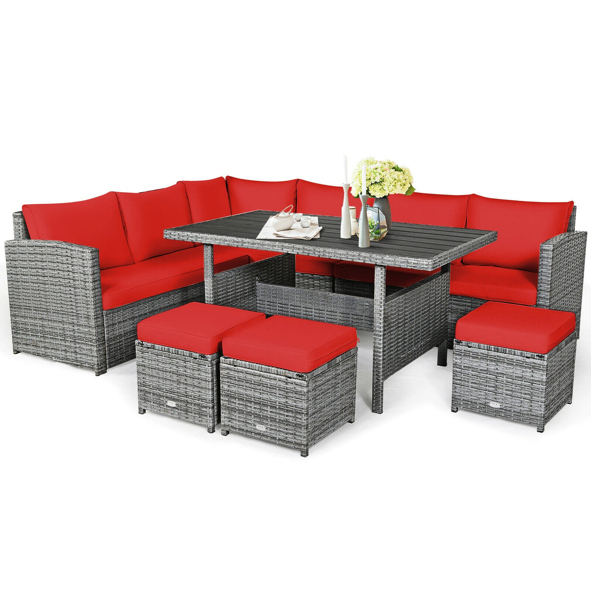 7-Piece Outdoor Wicker Sectional Sofa Set with Dining Table - Red