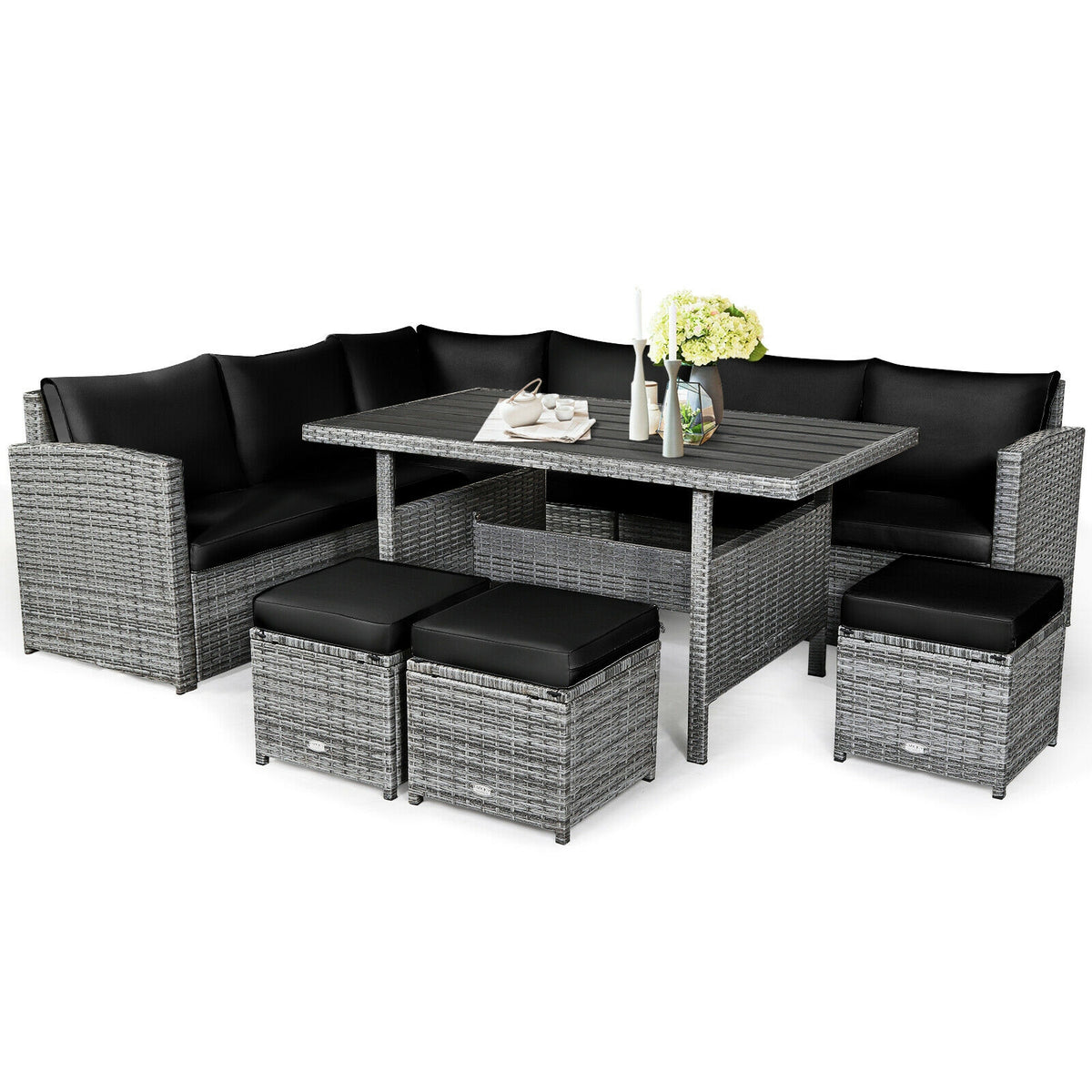 7-Piece Outdoor Wicker Sectional Sofa Set with Dining Table - Black
