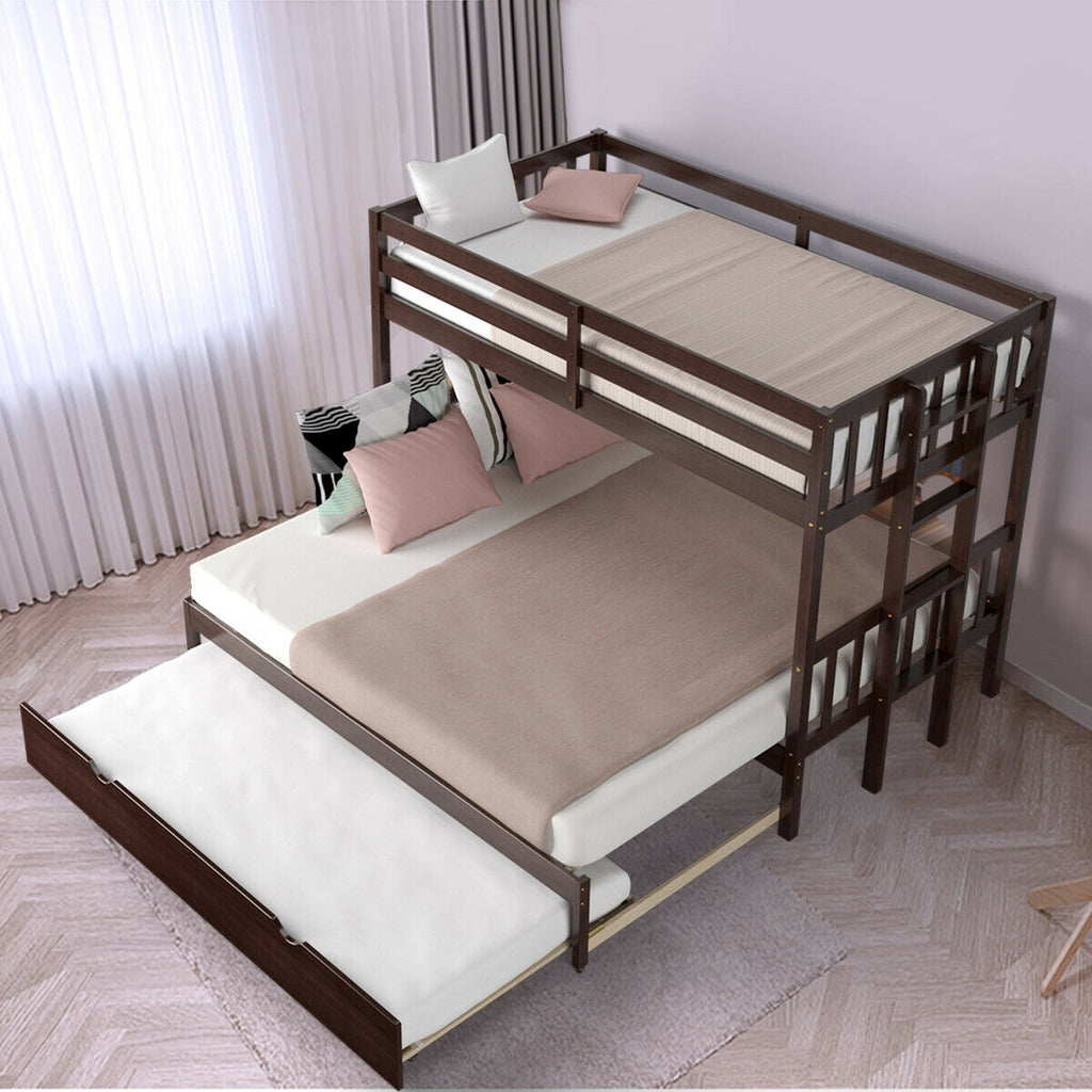 Twin Bunk Bed with Trundle & Wooden Ladder - Dark Brown
