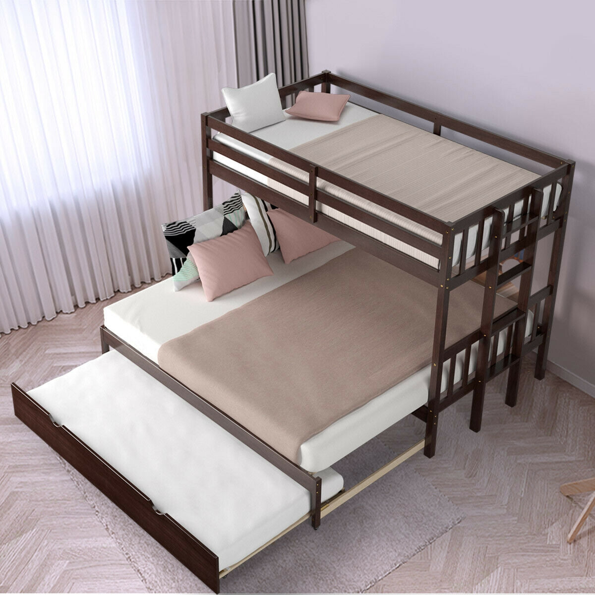 Twin Bunk Bed with Trundle & Wooden Ladder - Dark Brown