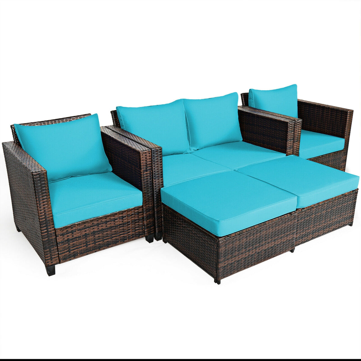 5-Piece Patio Rattan Furniture Set with Cushions - Turquoise