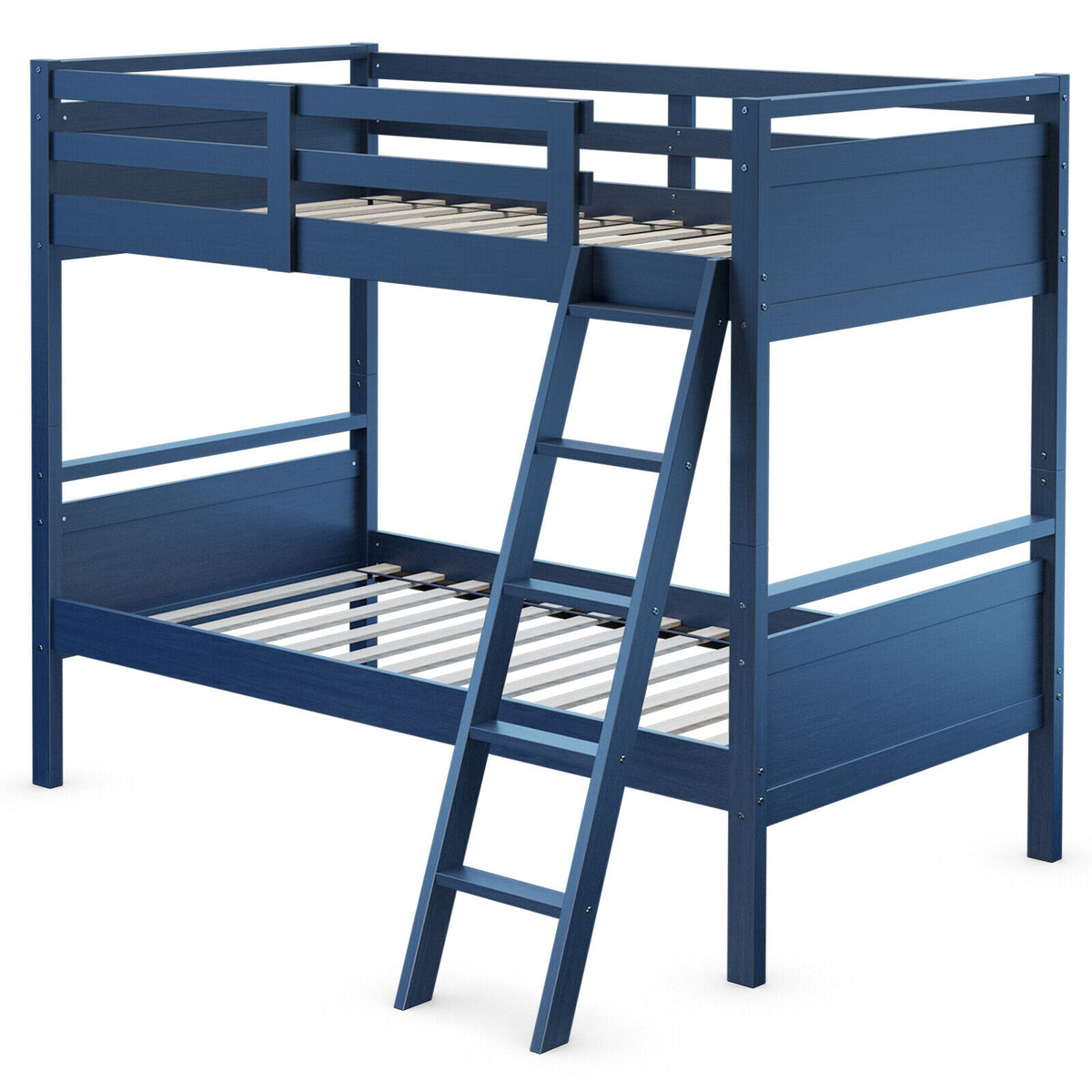 Twin Over Twin Bunk Bed with Ladder and Guard Rail - Navy