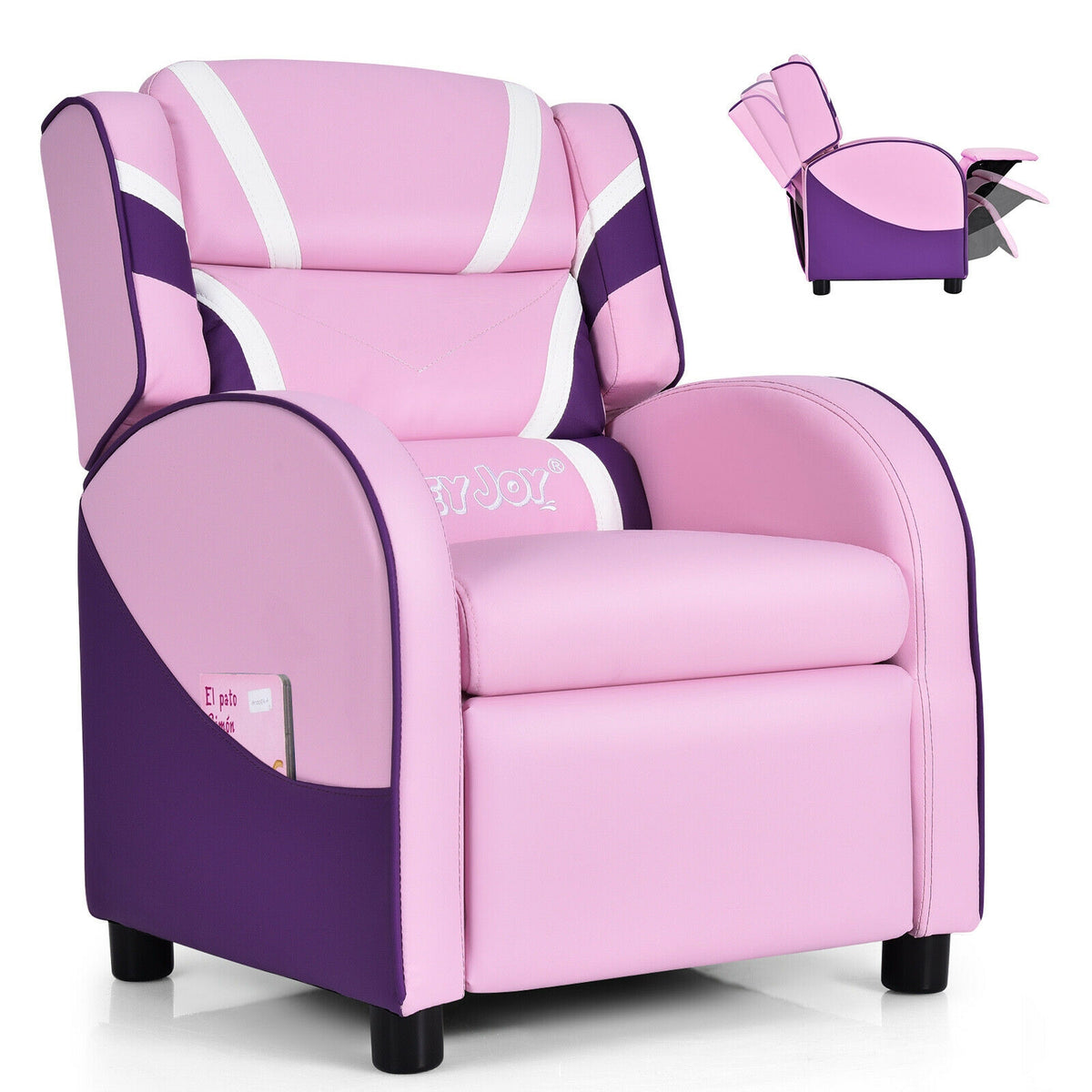 Kids Leather Recliner Chair with Side Pockets - Pink, Style B, Adjustable