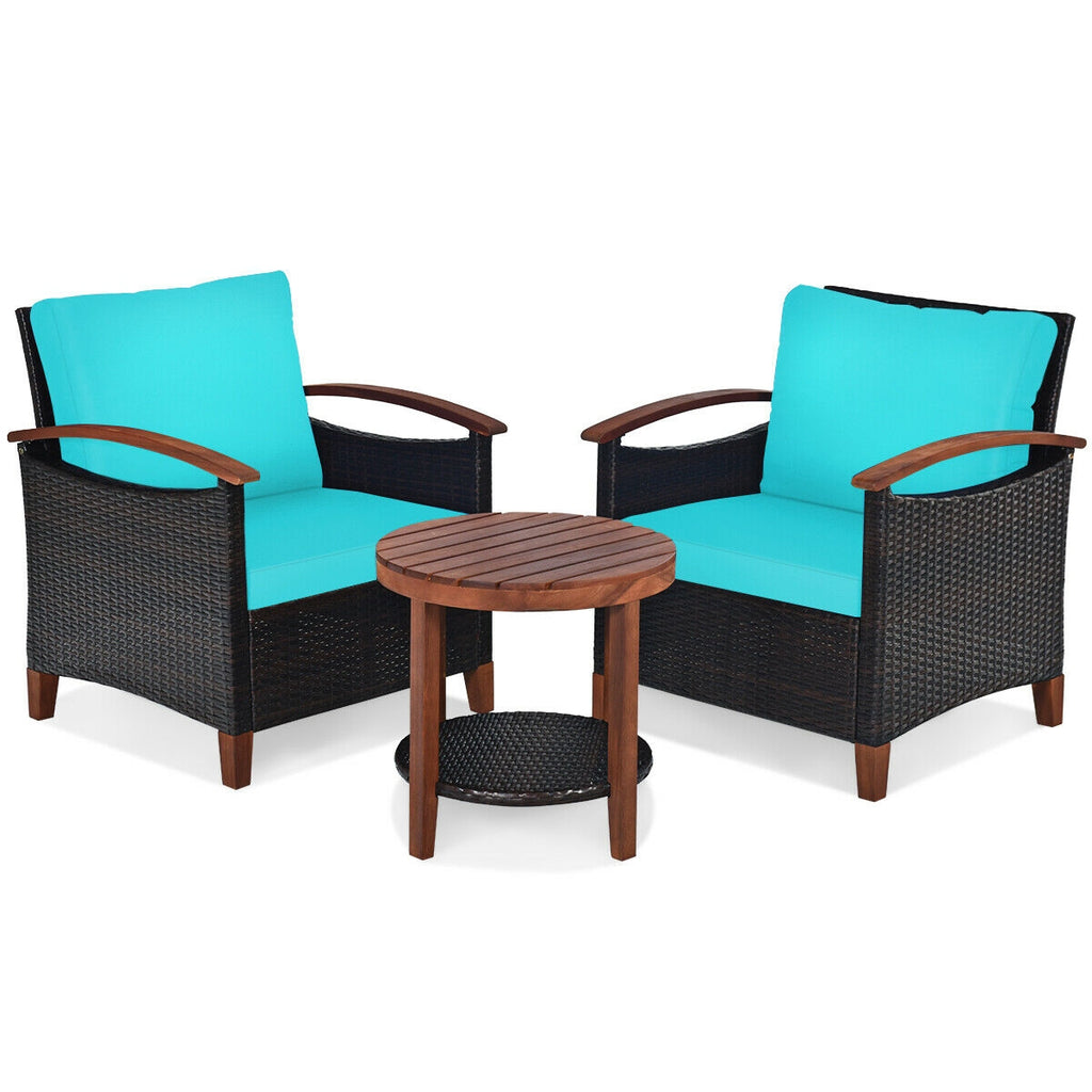3-Piece Patio Wicker Furniture Set with Cushions - Turquoise