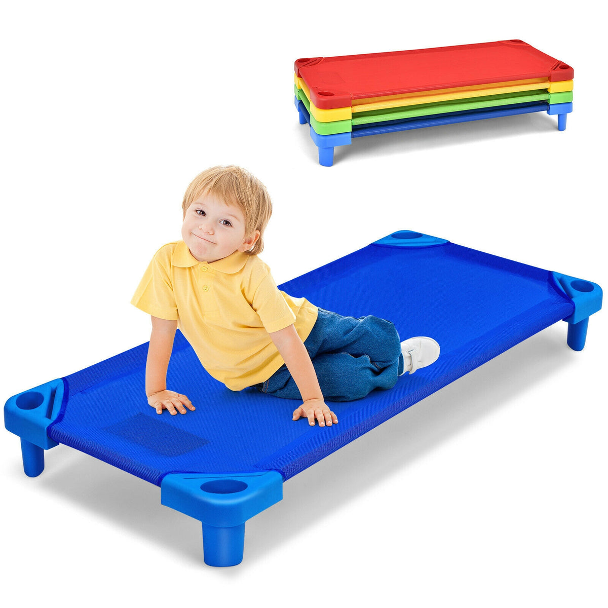 Kids Stackable Naptime Cot Set of 4 - 51 Inches, Colorful, Space-Saving Bed Frames