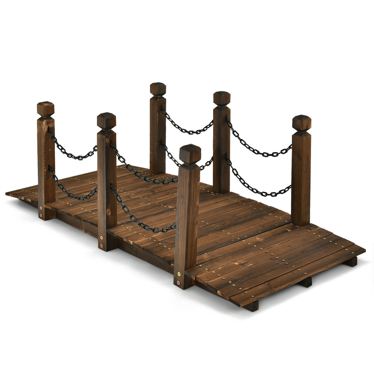 5 Feet Wooden Garden Bridge Arc Footbridge with Chain Railings - Fir Wood, 60 Inch L, Stained Finish