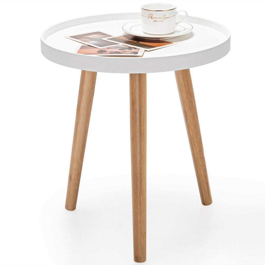 Mid Century Modern Round Coffee Table with Bamboo Feet, White