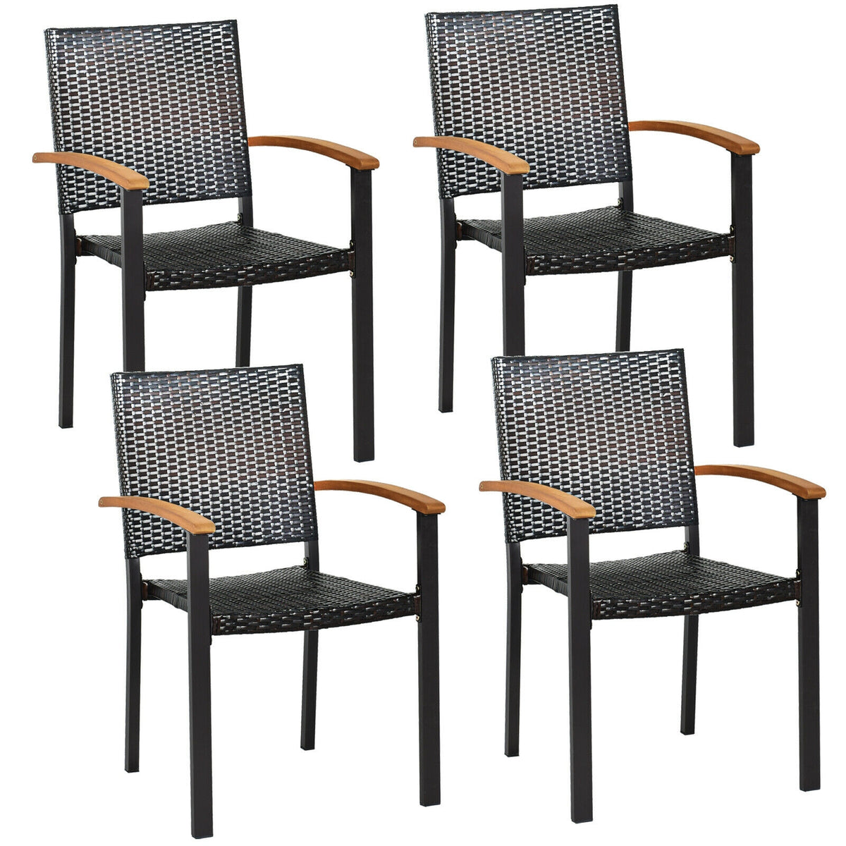 Set of 4 Outdoor Patio PE Rattan Dining Chairs with Powder-coated