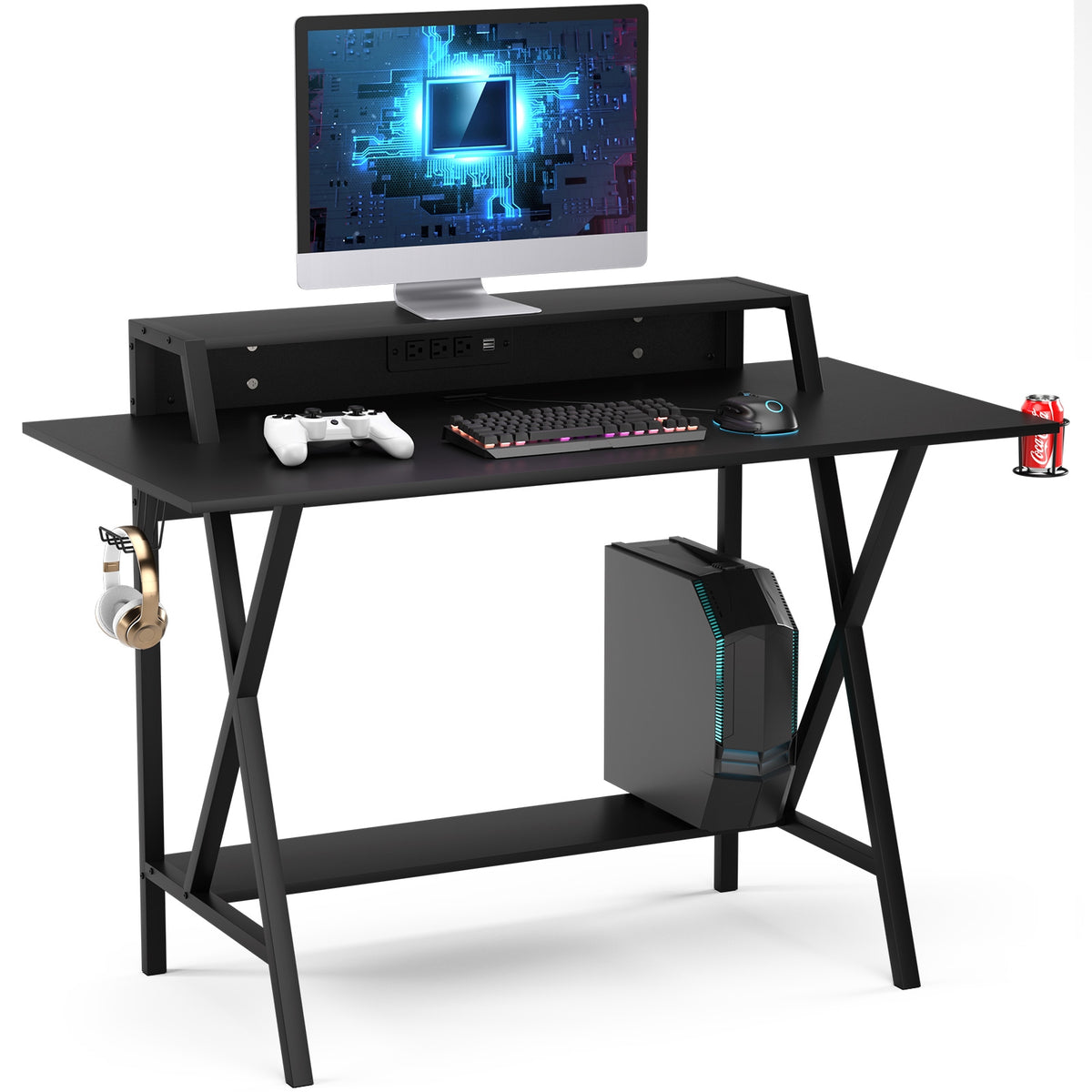 Gaming Desk with Monitor Shelf, Cup & Headphone Holder