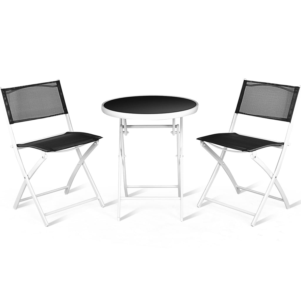 3-Piece Patio Bistro Set with Folding Chairs & Glass Table - Black Textile
