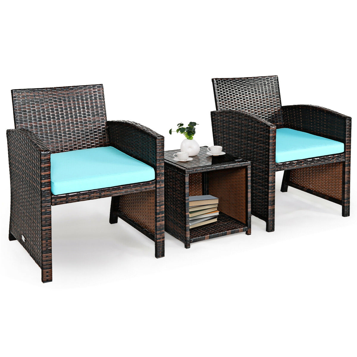 3 Pieces PE Rattan Wicker Furniture Set with Cushion Sofa Coffee