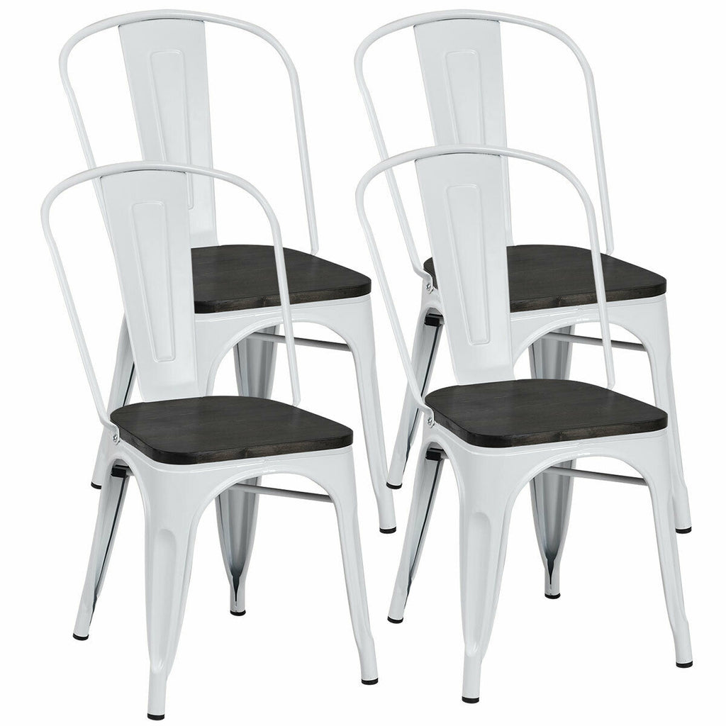 Metal Dining Chairs with Wood Seat Set of 4 - White