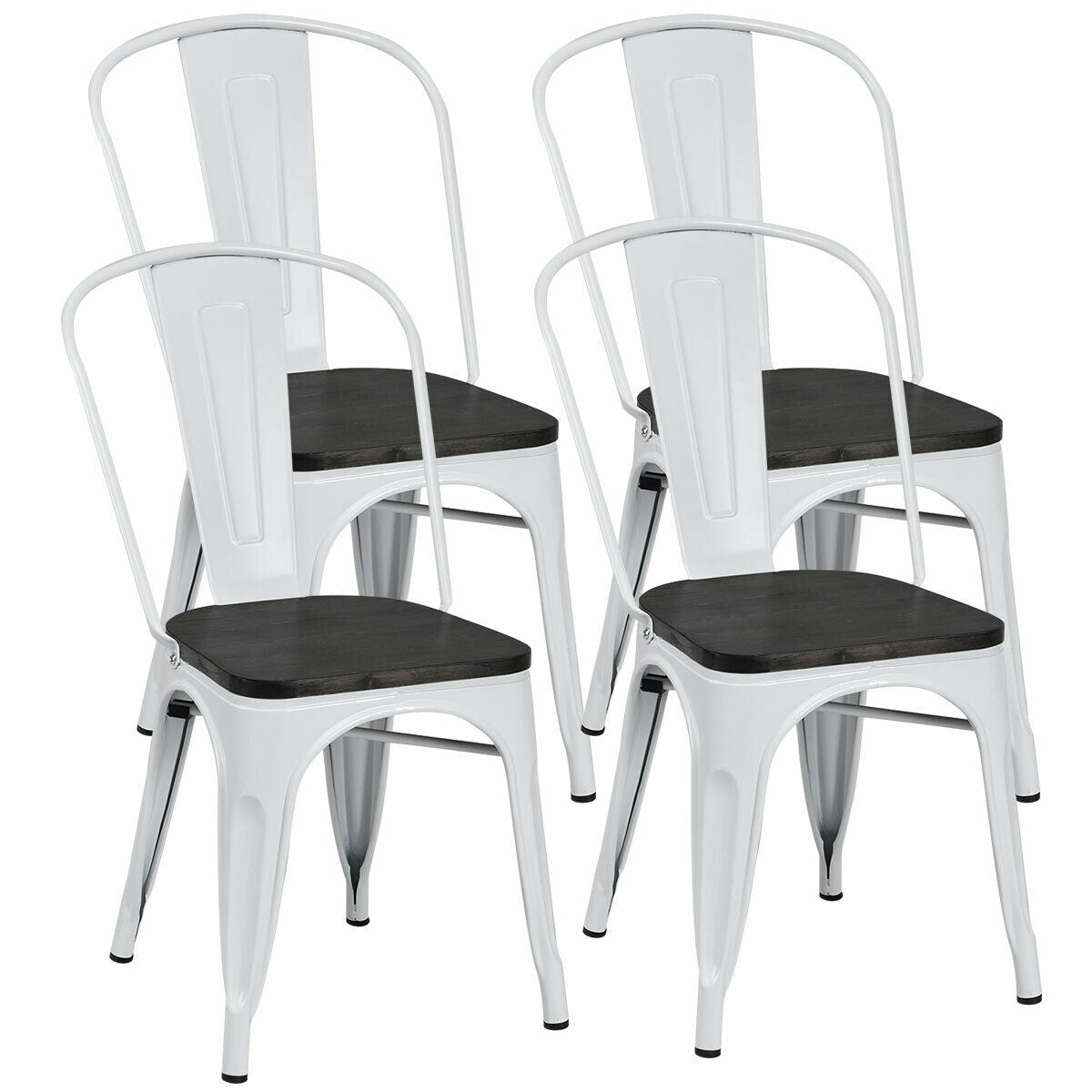Metal Dining Chairs with Wood Seat Set of 4 - White