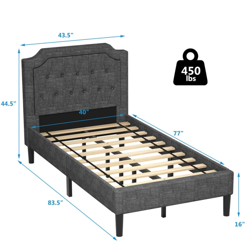 Twin Upholstered Platform Bed with Button-Tufted Headboard