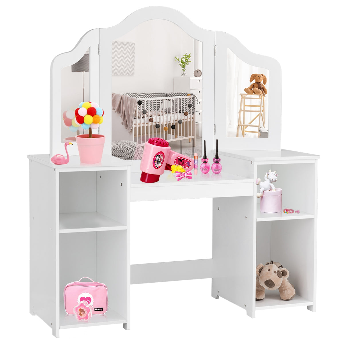 Kids Vanity Dressing Table with Tri-Fold Mirror & Storage - White, Detachable Design