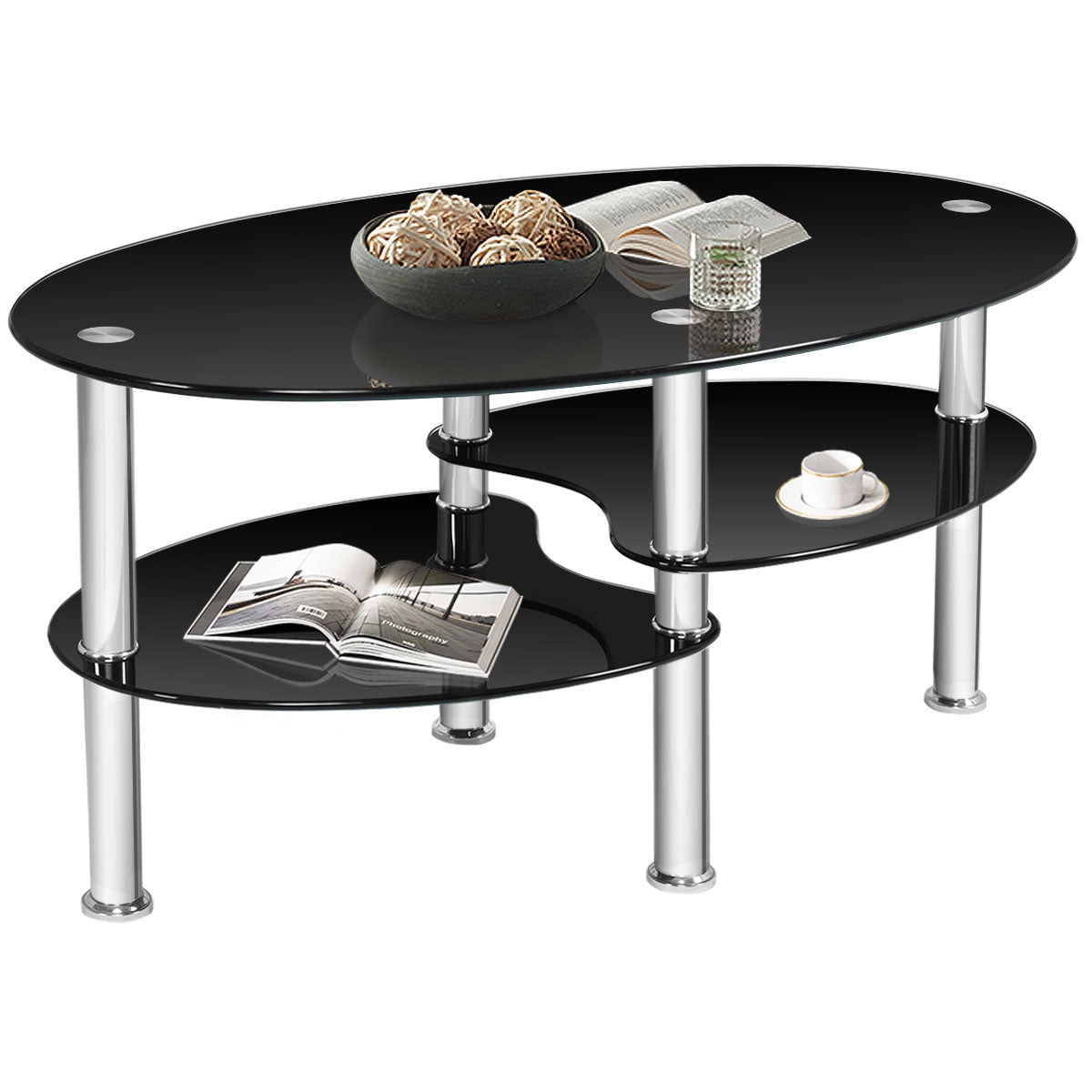 Tempered Glass Oval Coffee Table with Storage – Black