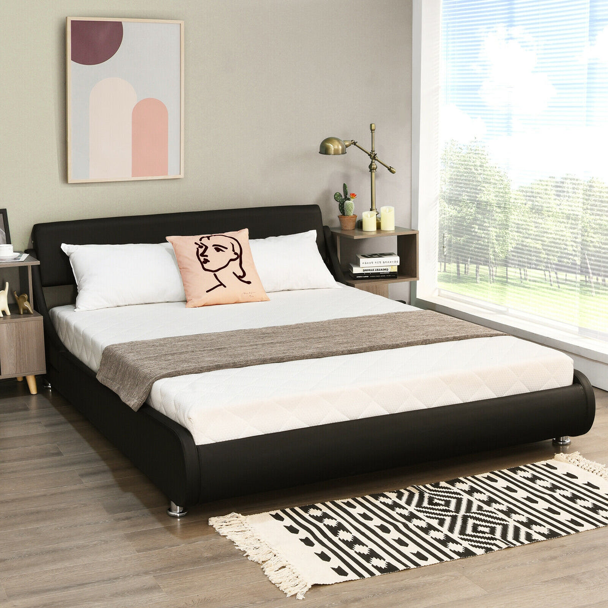 Full Size Platform Bed with Adjustable Headboard - Black Faux Leather