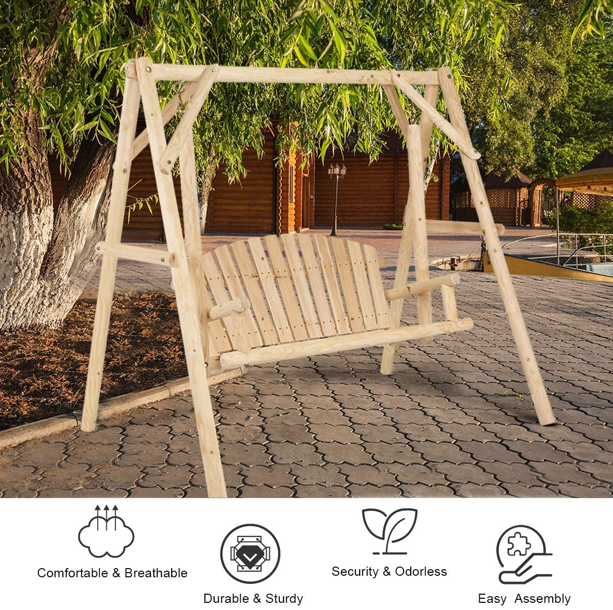 Outdoor Wooden Porch Bench Swing Chair - Rustic Curved Back