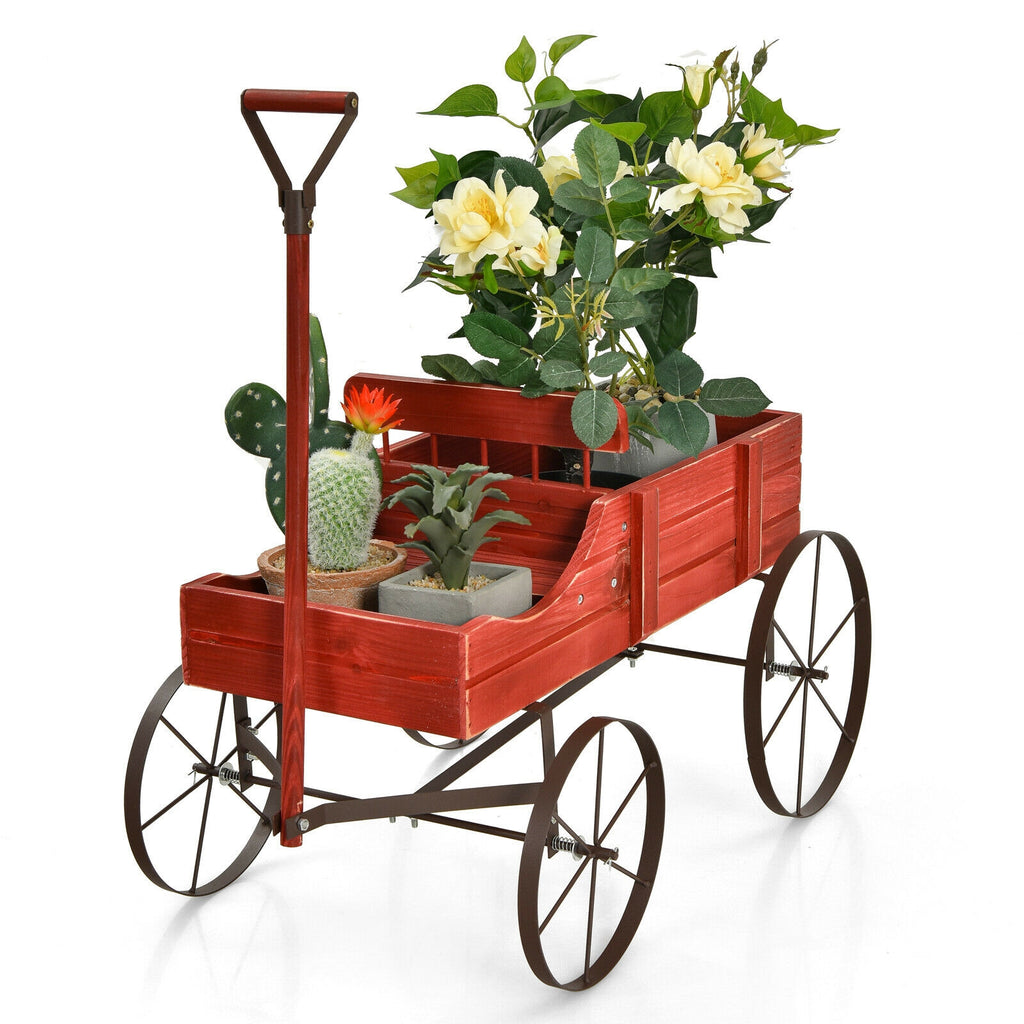 Wooden Wagon Planter with 9 Magnetic Accessories for Garden Yard