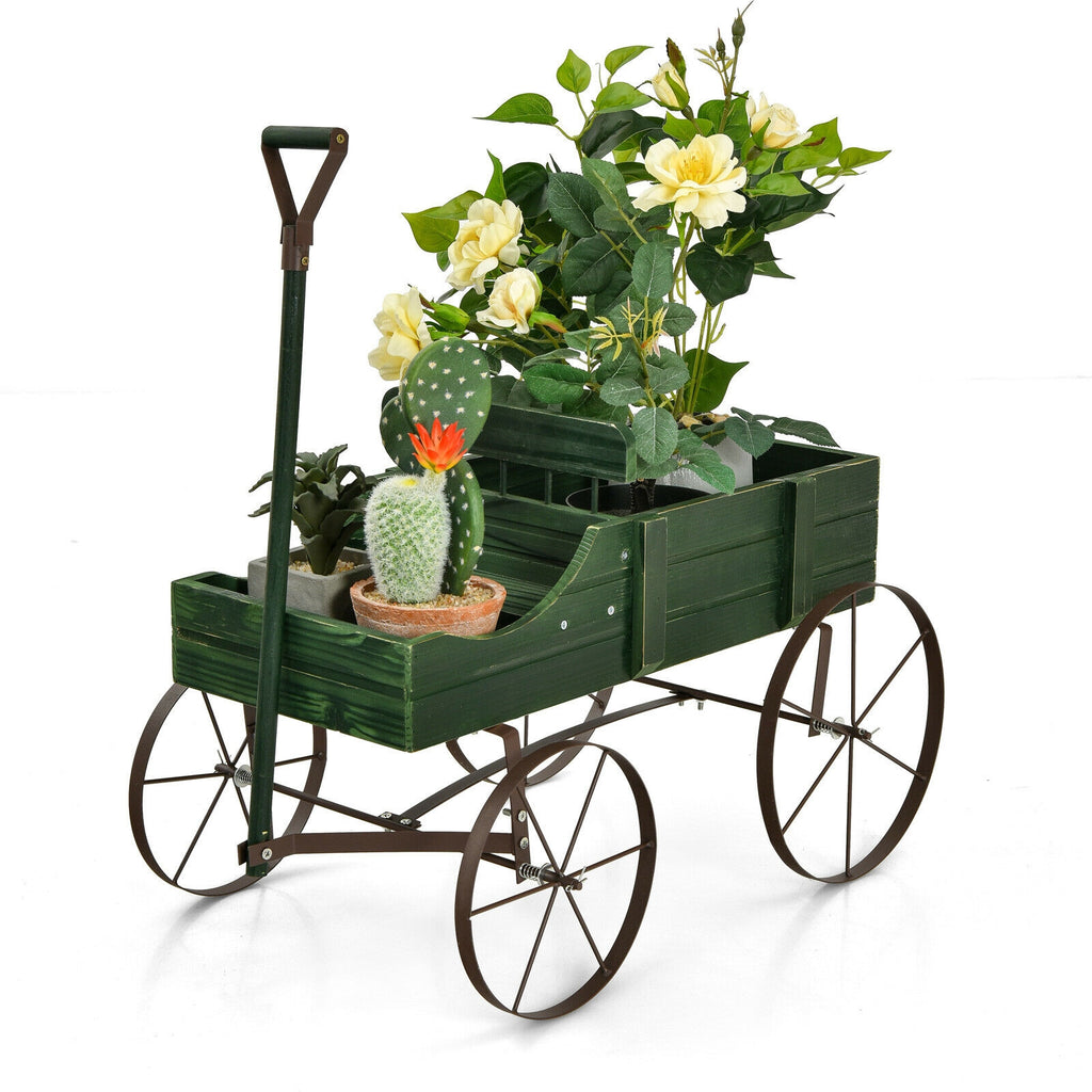 Wooden Garden Wagon Planter Bed with Metal Wheels - Green