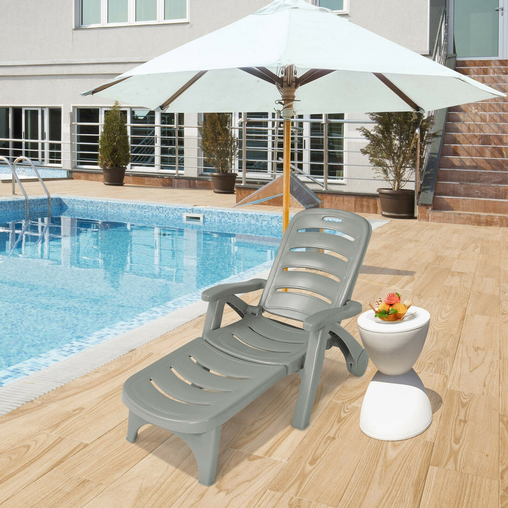 5-Position Adjustable Folding Chaise Lounge Chair with Wheels - Gray