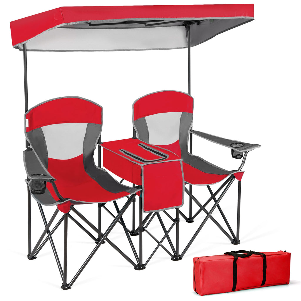 Portable Folding Camping Chair with Canopy & Cup Holder - Red