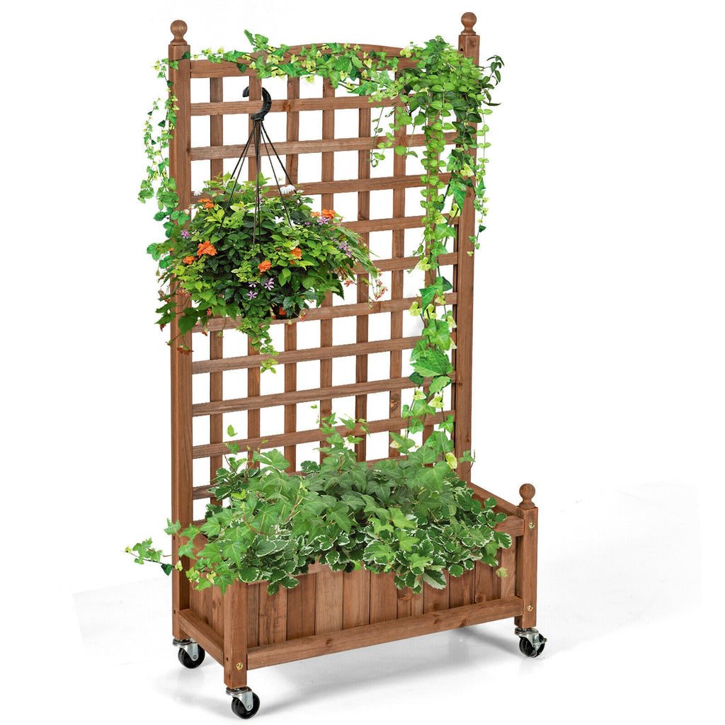 50 Inch Wood Planter Box with Trellis Mobile Raised Bed for Climbing