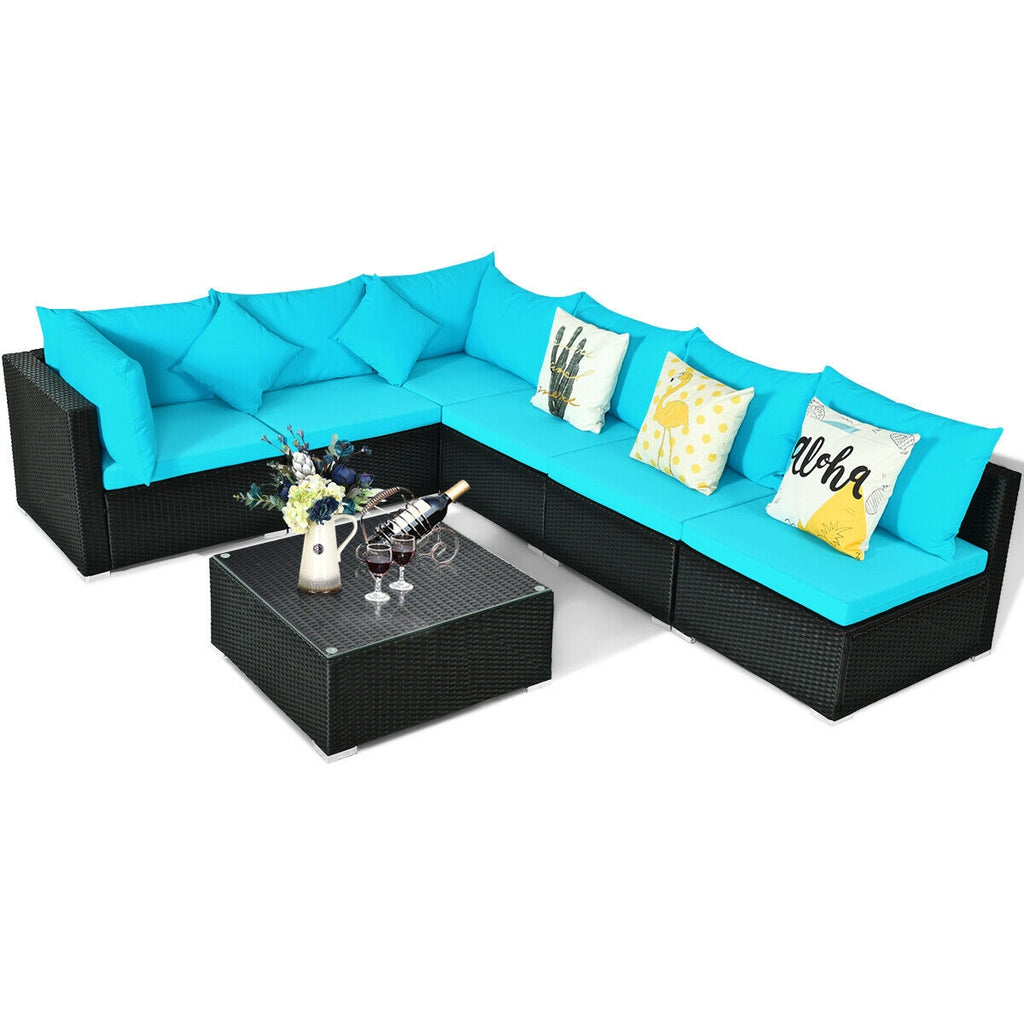 7 Pieces Sectional Wicker Sofa Set with Coffee Table - Black Rattan, Blue