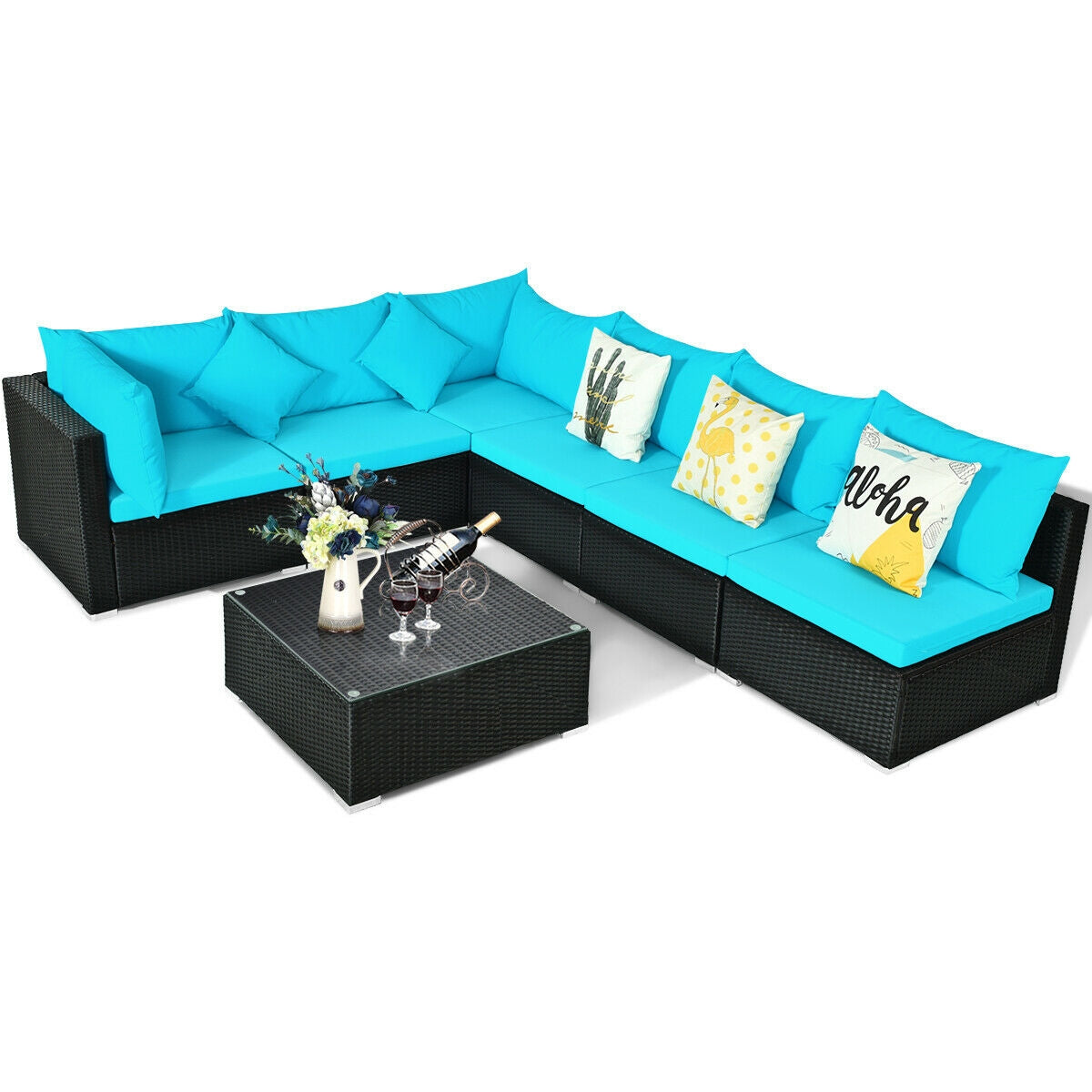 7 Pieces Sectional Wicker Sofa Set with Coffee Table - Black Rattan, Blue