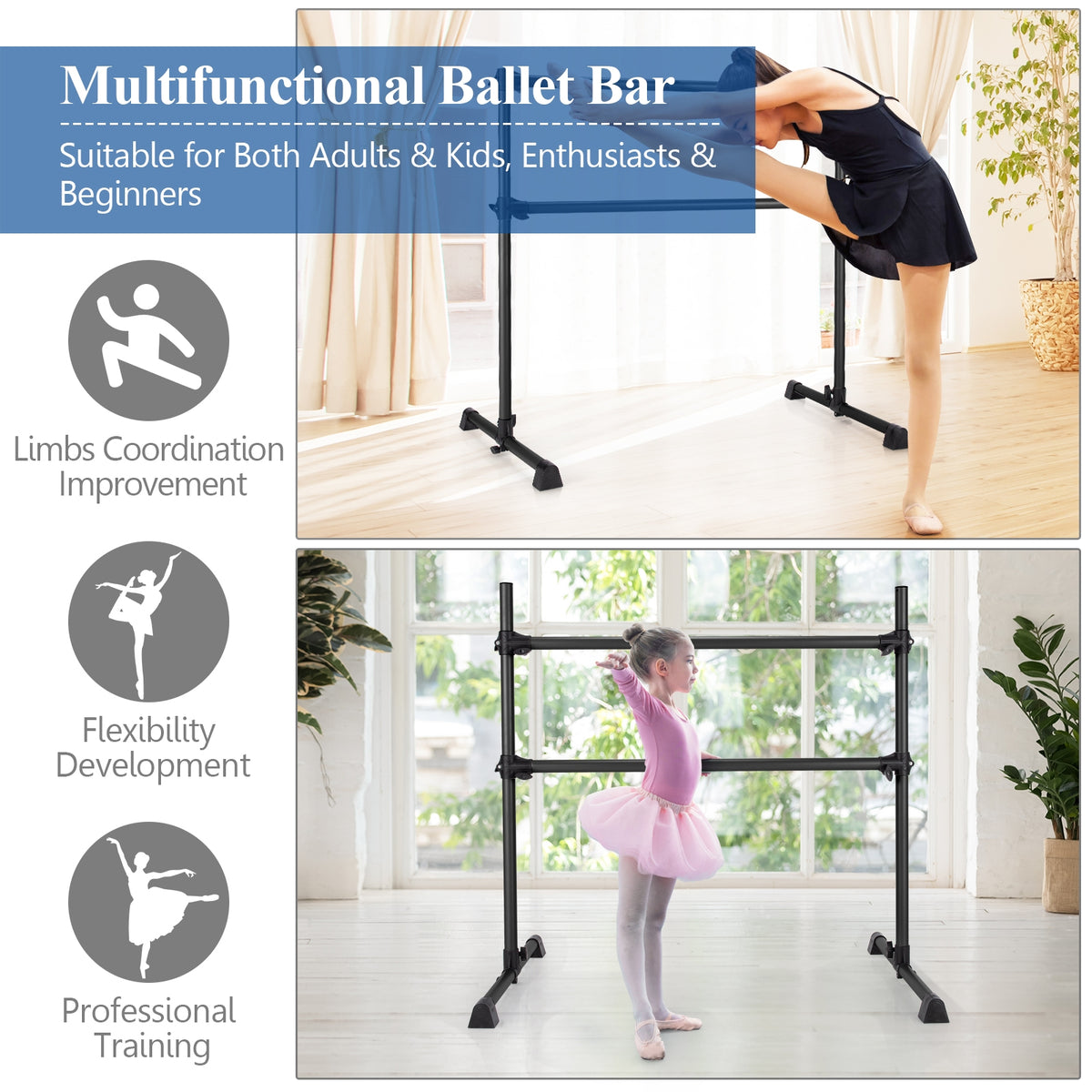 Double Ballet Barre Bar with Adjustable Height - 4 Feet Black Version of THIS Listing